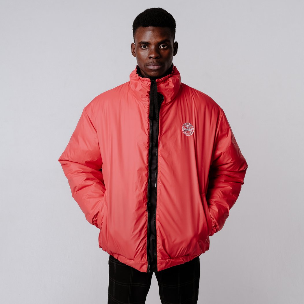 black and red puffer coat